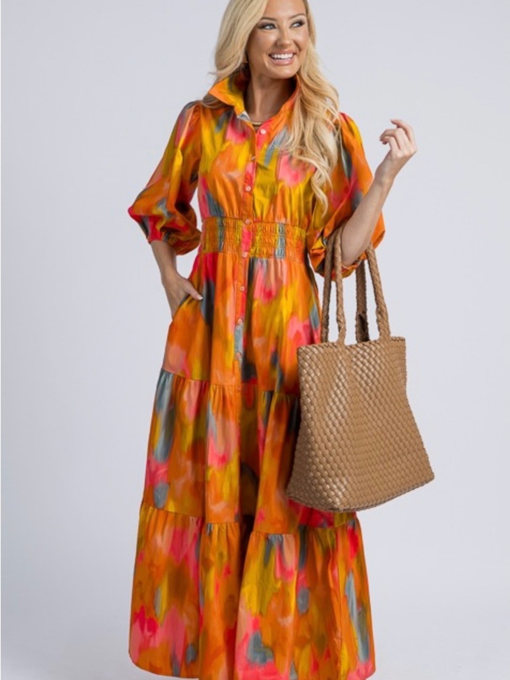 Judith Brush Vibrant Orange Multicolor Tiered Maxi Dress
